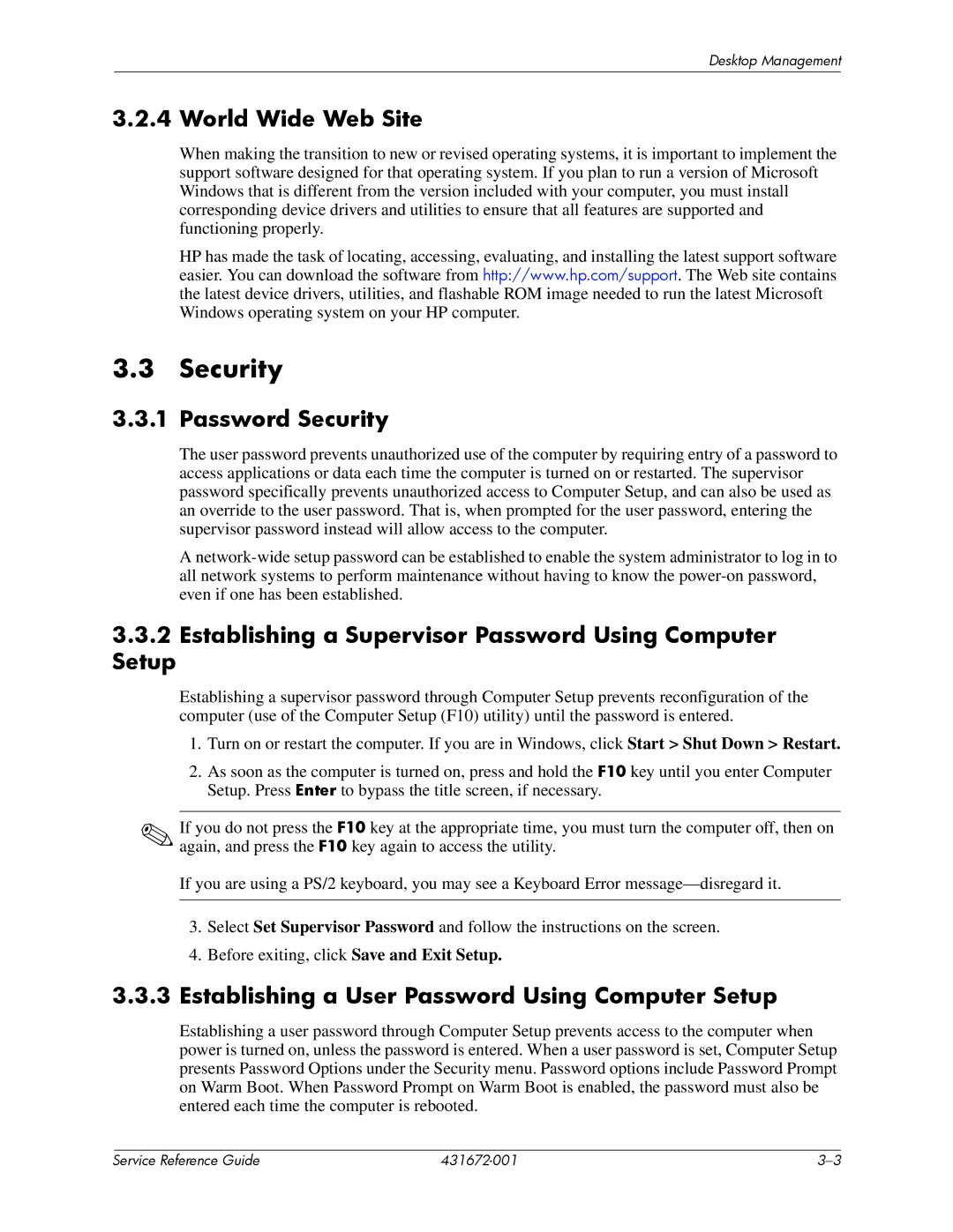 HP dx2700 manual World Wide Web Site, Password Security, Establishing a Supervisor Password Using Computer Setup 