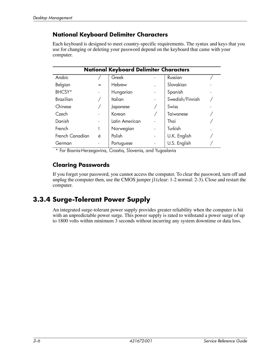 HP dx2700 manual Surge-Tolerant Power Supply, National Keyboard Delimiter Characters 