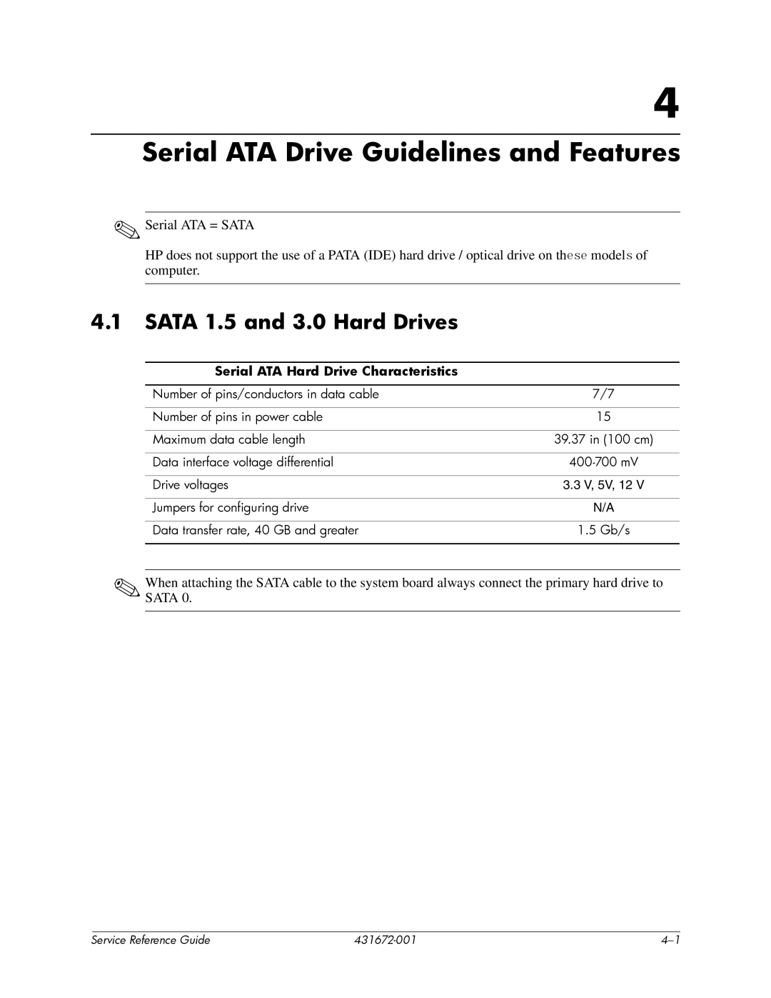 HP dx2700 Serial ATA Drive Guidelines and Features, Sata 1.5 and 3.0 Hard Drives, Serial ATA Hard Drive Characteristics 