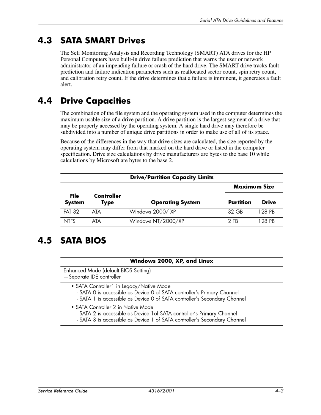 HP dx2700 manual Sata Smart Drives, Drive Capacities, Windows 2000, XP, and Linux 