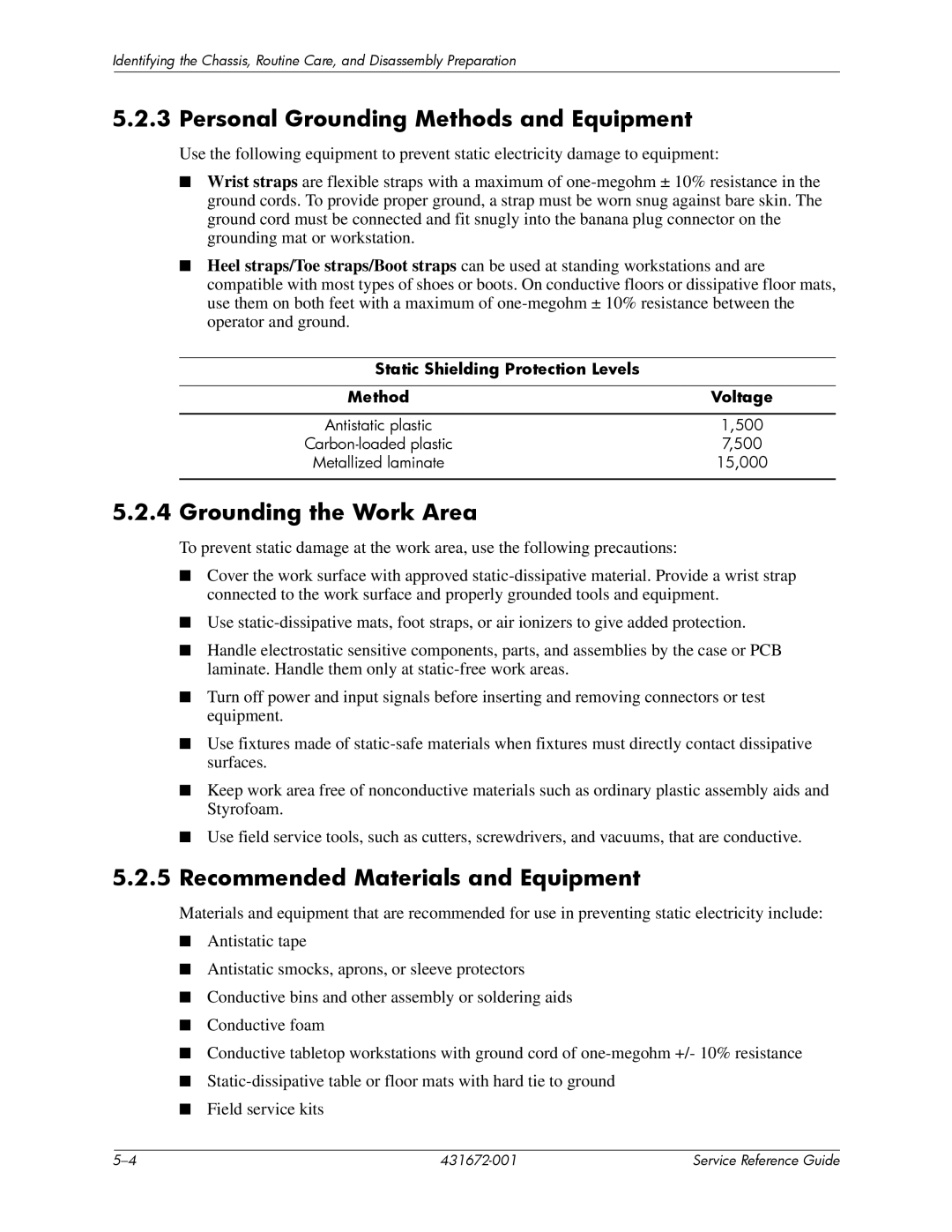 HP dx2700 manual Personal Grounding Methods and Equipment, Grounding the Work Area, Recommended Materials and Equipment 