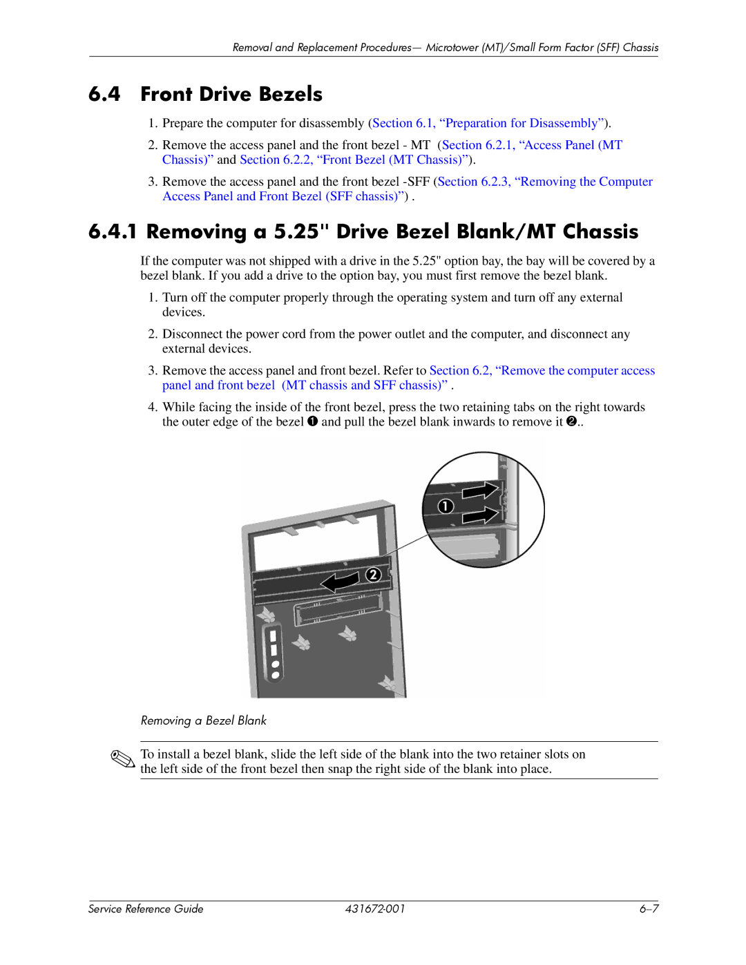 HP dx2700 manual Front Drive Bezels, Removing a 5.25 Drive Bezel Blank/MT Chassis 