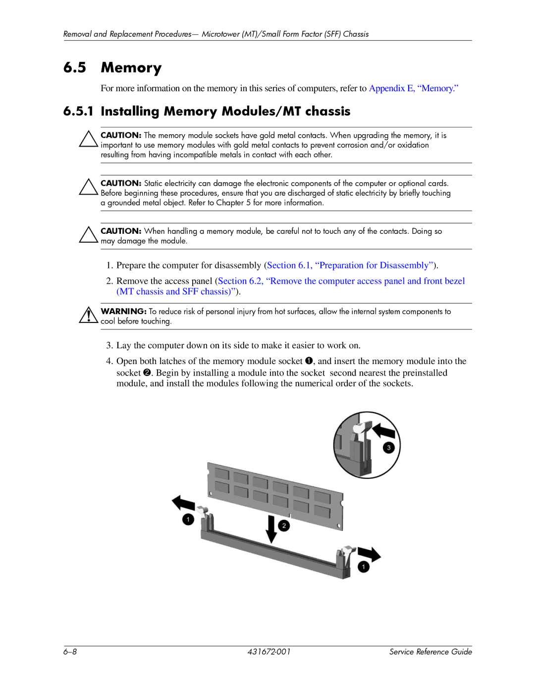 HP dx2700 manual Installing Memory Modules/MT chassis 