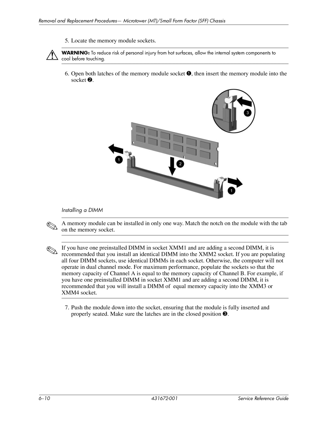 HP dx2700 manual Installing a Dimm 