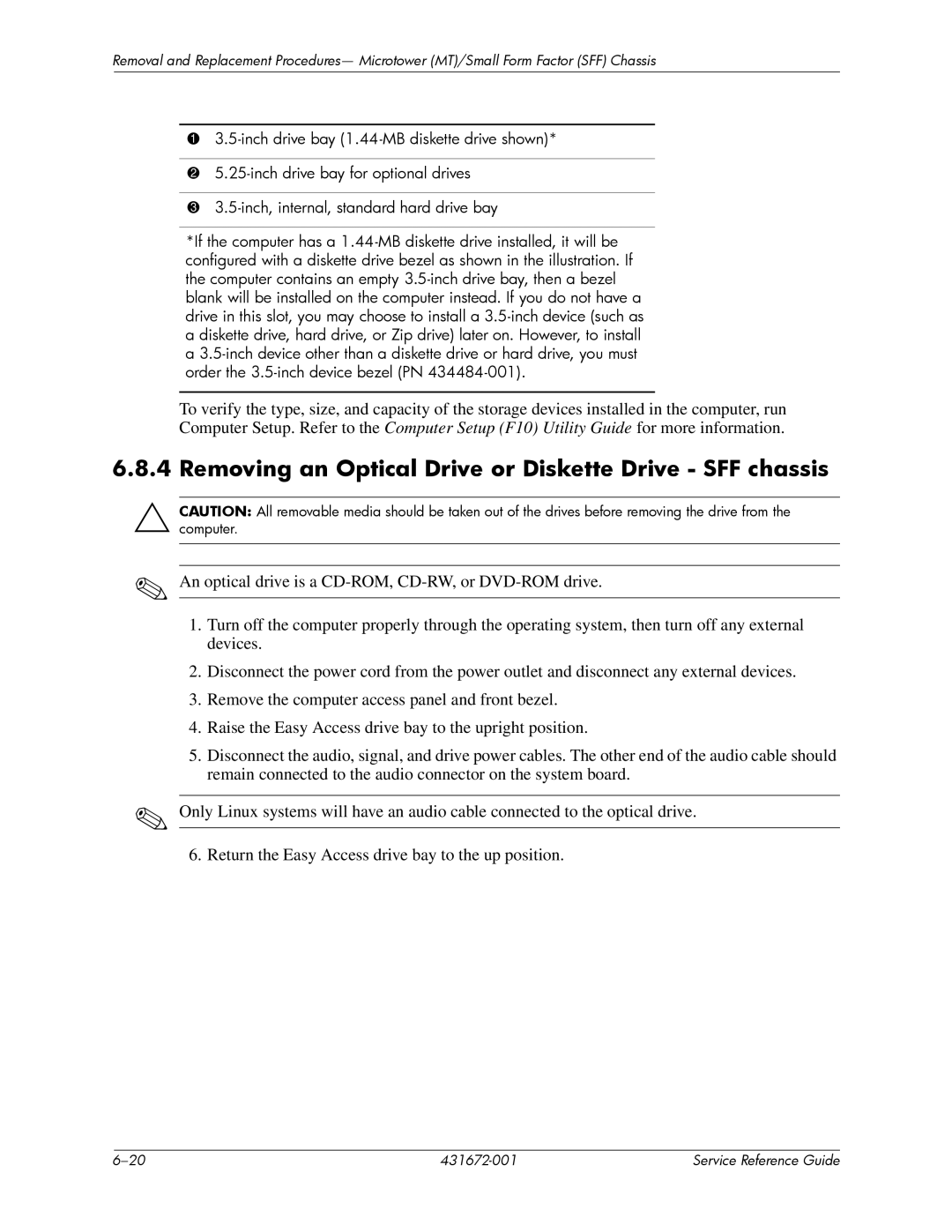 HP dx2700 manual Removing an Optical Drive or Diskette Drive SFF chassis 