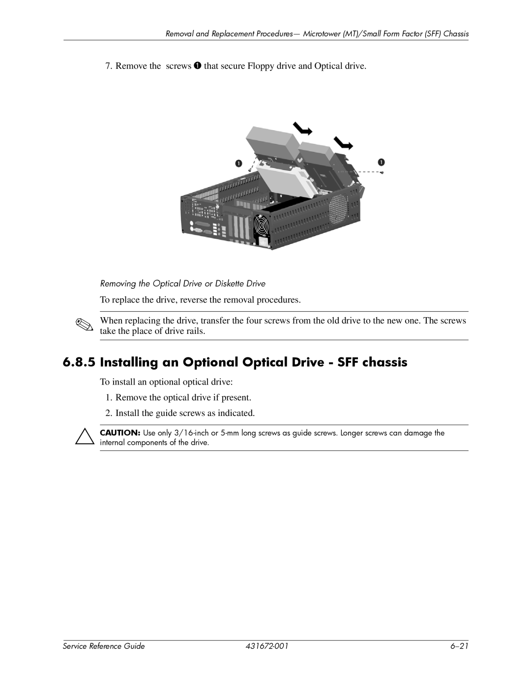 HP dx2700 manual Installing an Optional Optical Drive SFF chassis 