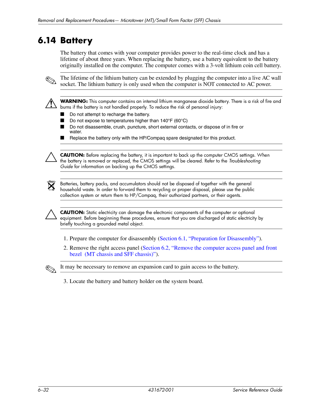 HP dx2700 manual Battery 