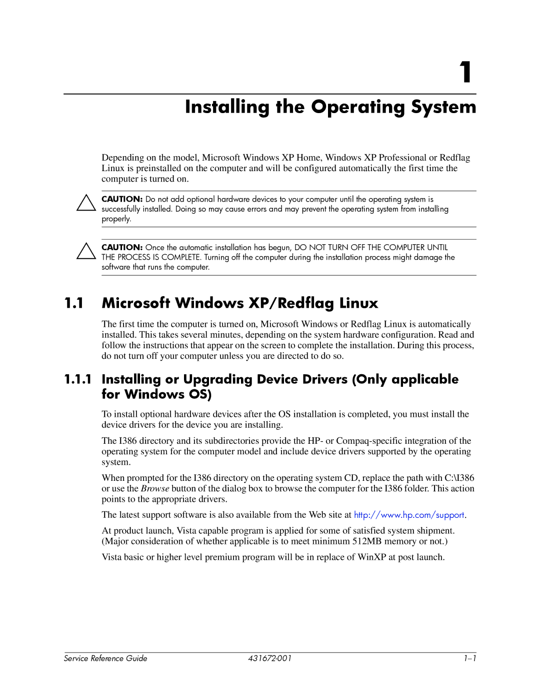 HP dx2700 manual Installing the Operating System, Microsoft Windows XP/Redflag Linux 