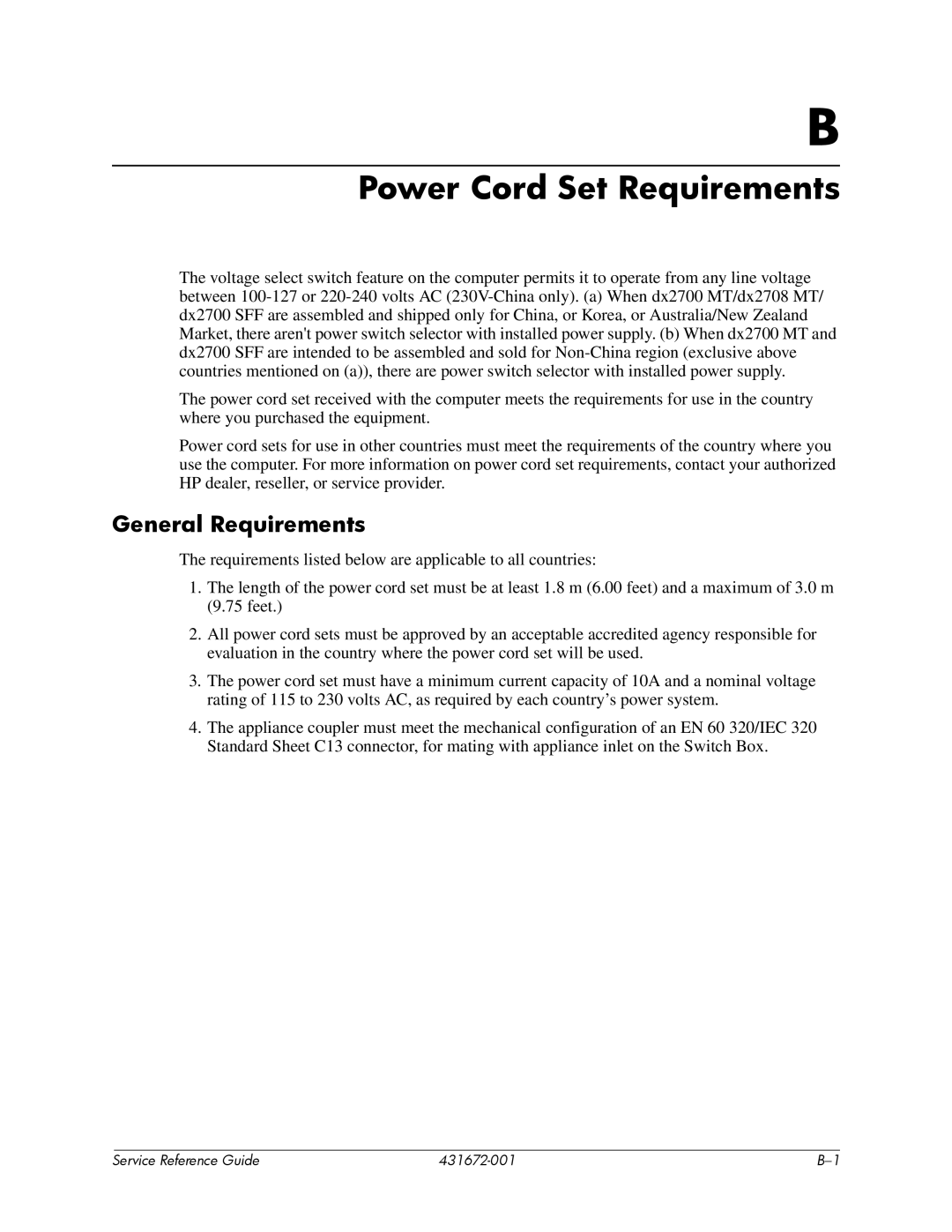 HP dx2700 manual Power Cord Set Requirements, General Requirements 