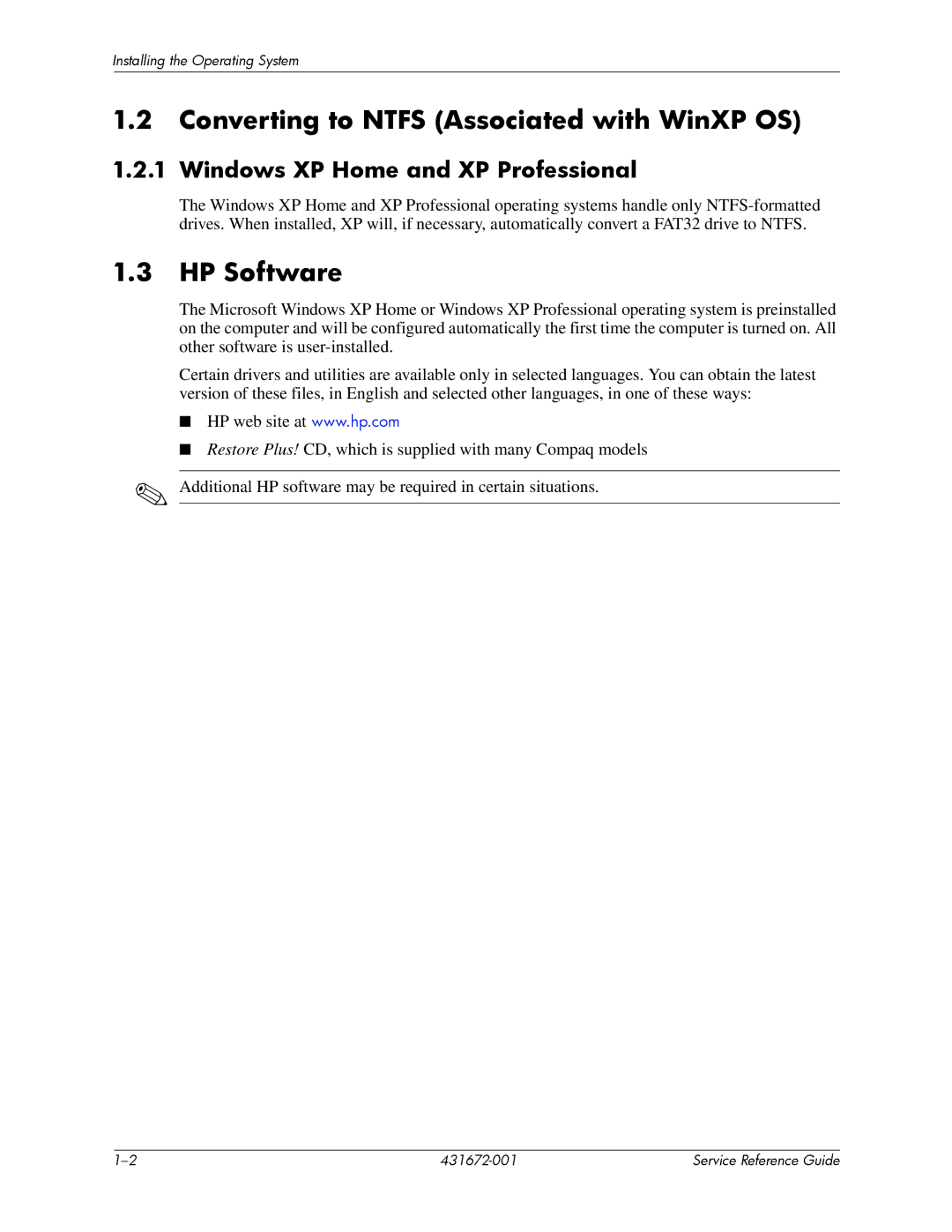 HP dx2700 manual Converting to Ntfs Associated with WinXP OS, HP Software, Windows XP Home and XP Professional 