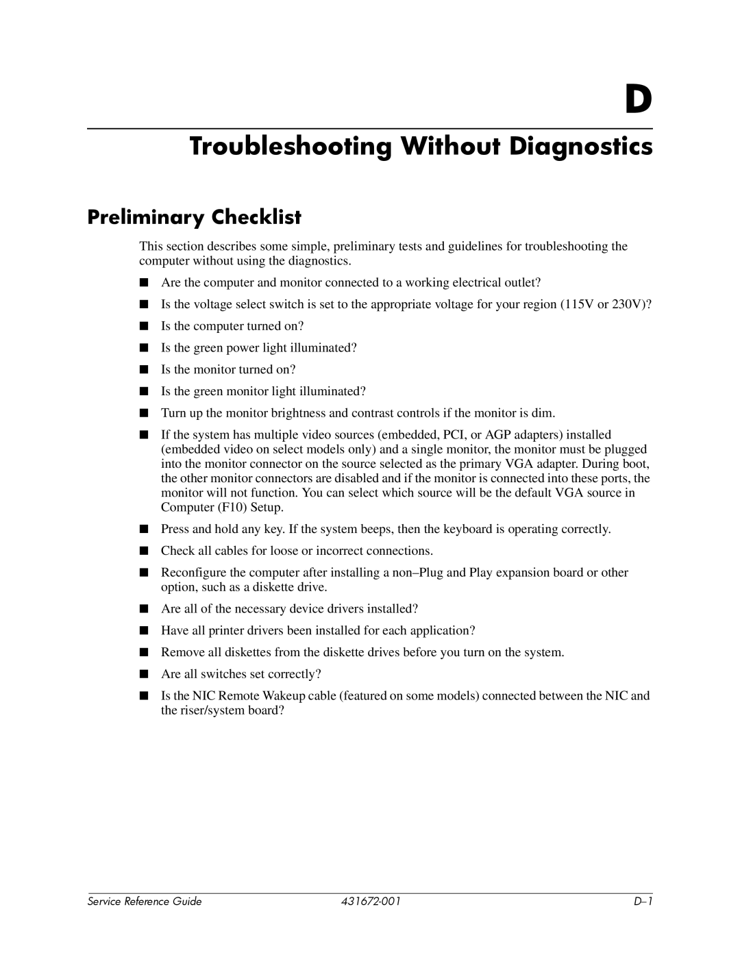 HP dx2700 manual Troubleshooting Without Diagnostics, Preliminary Checklist 