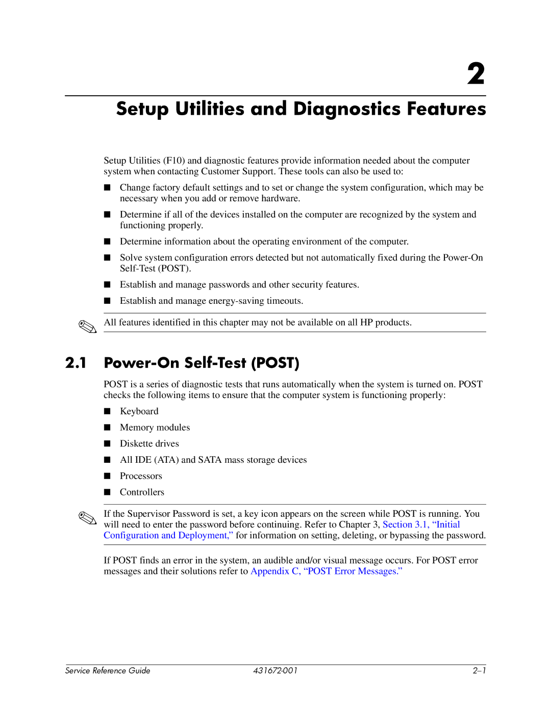 HP dx2700 manual Setup Utilities and Diagnostics Features, Power-On Self-Test Post 