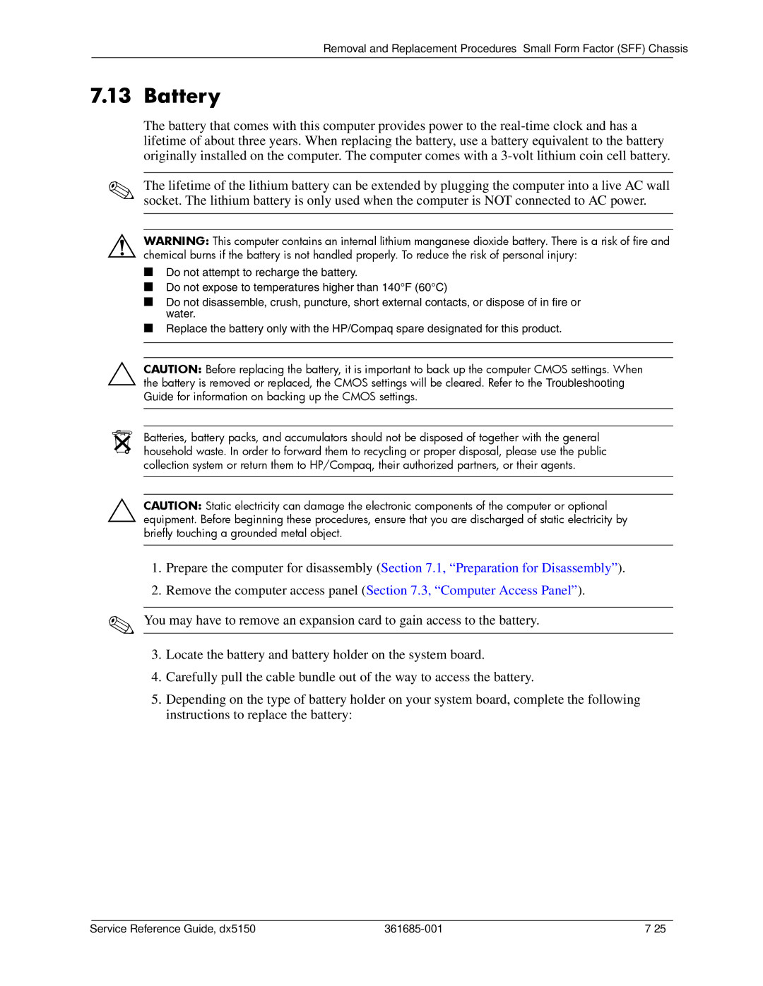 HP dx5150 manual Battery 