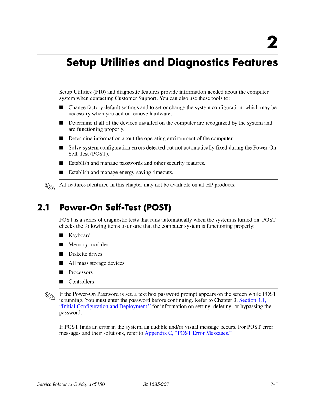 HP dx5150 manual Setup Utilities and Diagnostics Features, Power-On Self-Test Post 