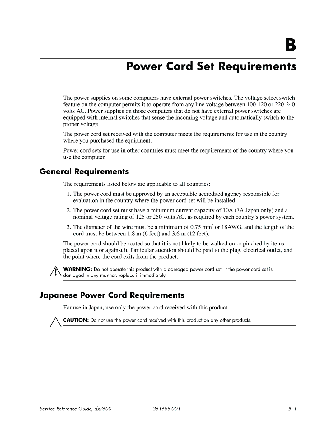 HP dx5150 manual General Requirements, Japanese Power Cord Requirements 