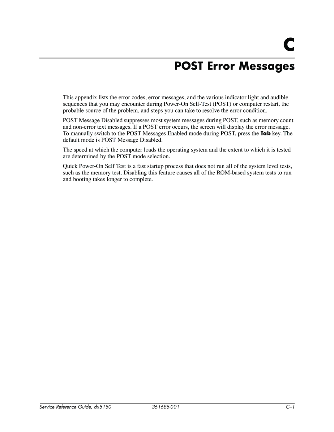 HP dx5150 manual Post Error Messages 