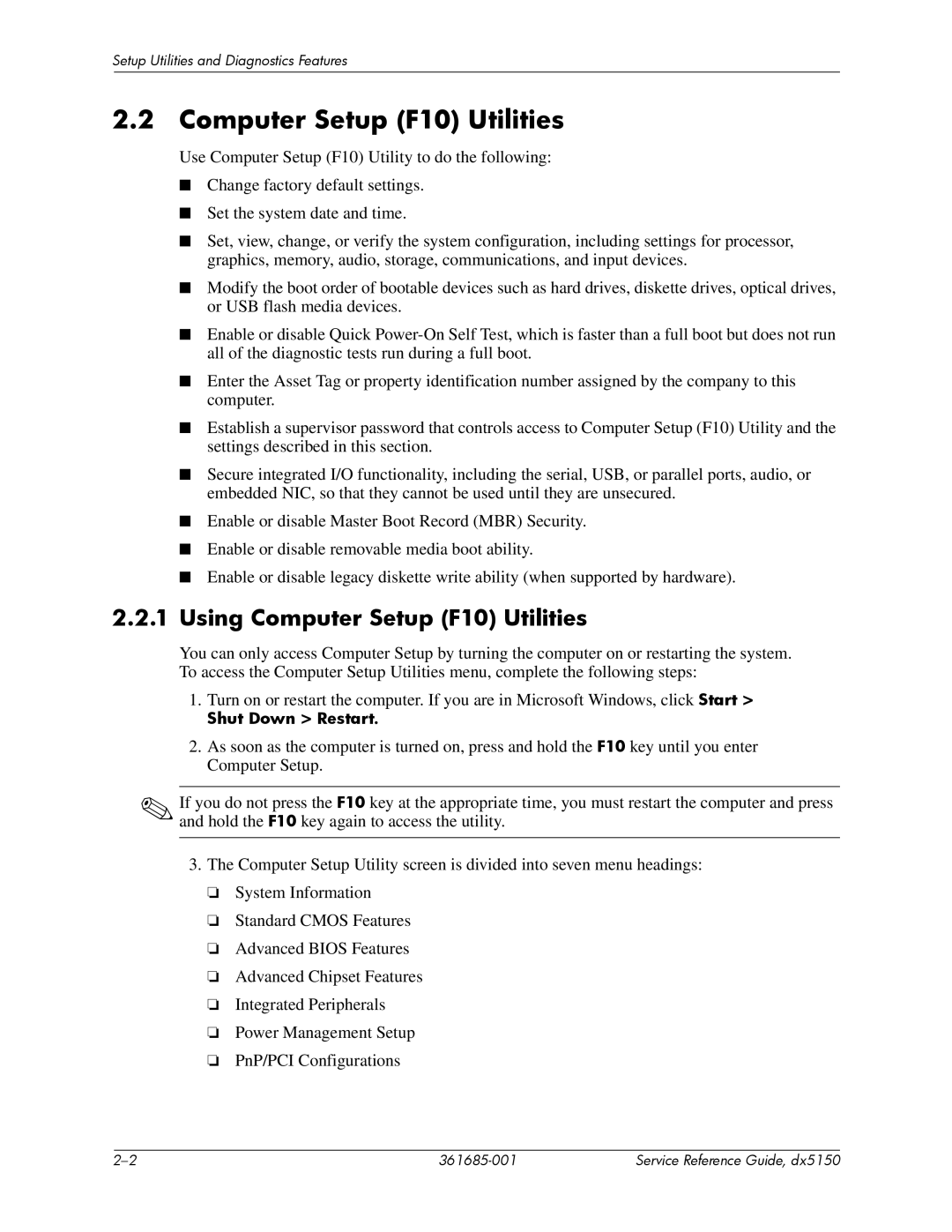 HP dx5150 manual Using Computer Setup F10 Utilities, Shut Down Restart 