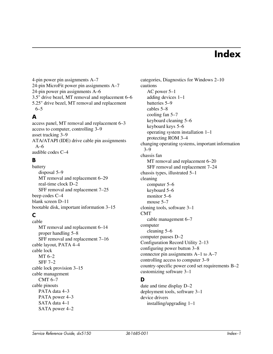 HP dx5150 manual Index 