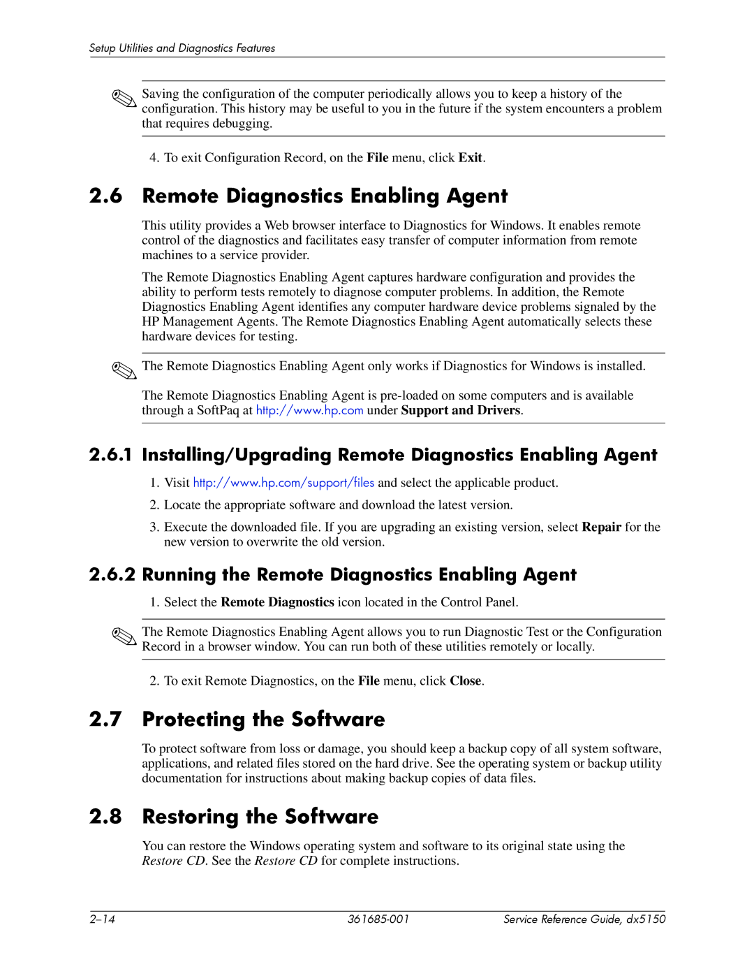 HP dx5150 manual Remote Diagnostics Enabling Agent, Protecting the Software, Restoring the Software 