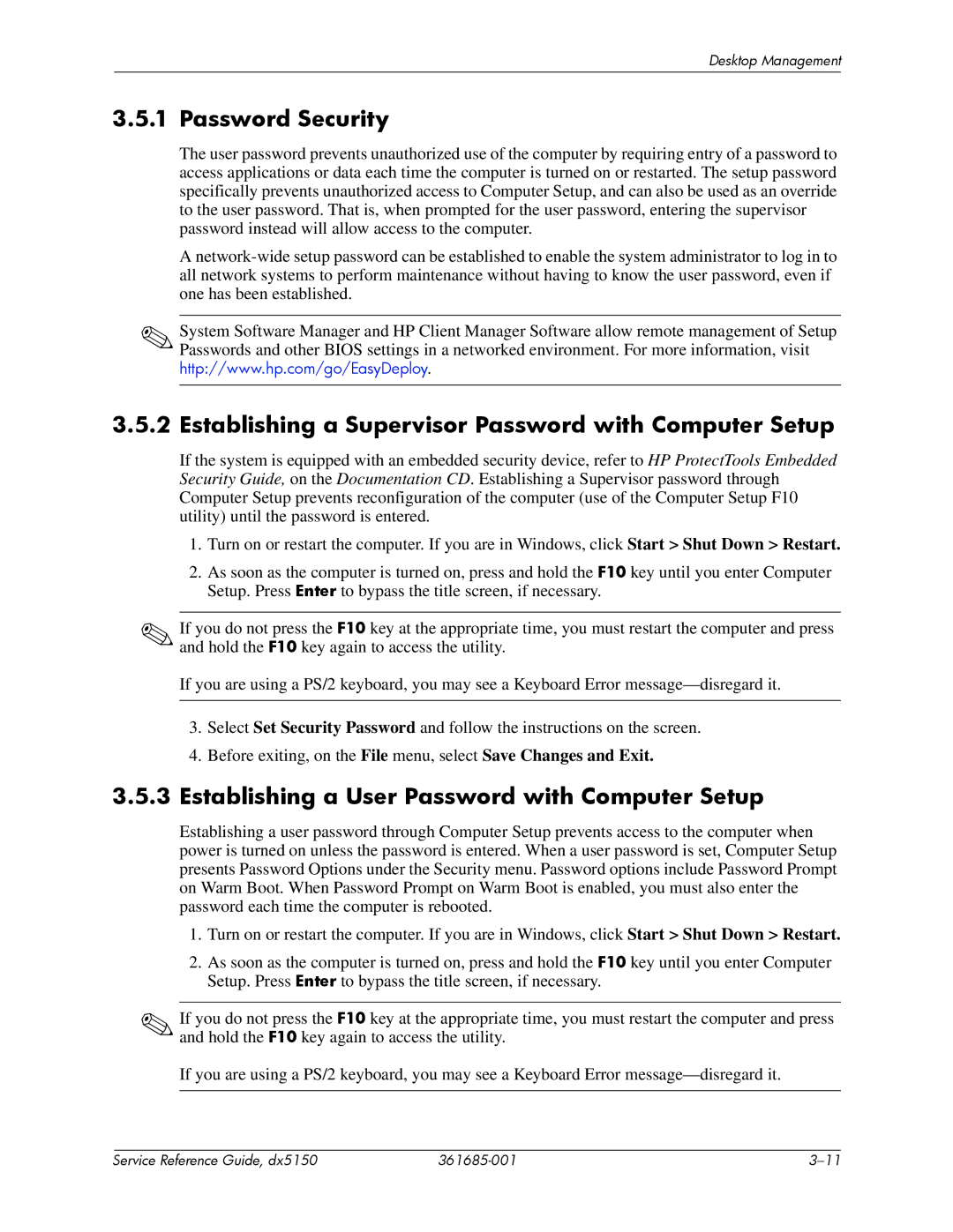 HP dx5150 manual Password Security, Establishing a Supervisor Password with Computer Setup 