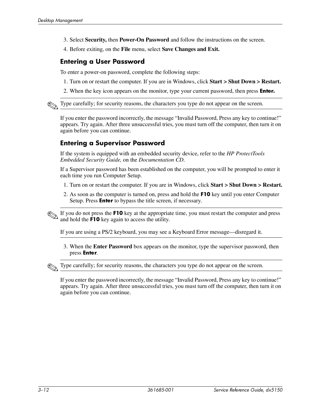 HP dx5150 manual Entering a User Password, Entering a Supervisor Password 