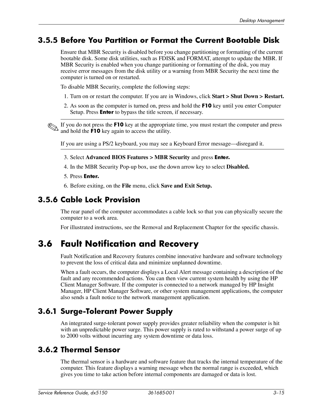 HP dx5150 Fault Notification and Recovery, Before You Partition or Format the Current Bootable Disk, Cable Lock Provision 