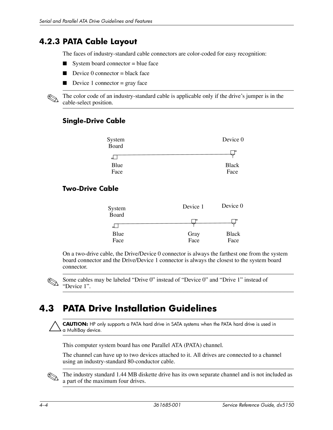 HP dx5150 manual Pata Drive Installation Guidelines, Pata Cable Layout, Single-Drive Cable, Two-Drive Cable 