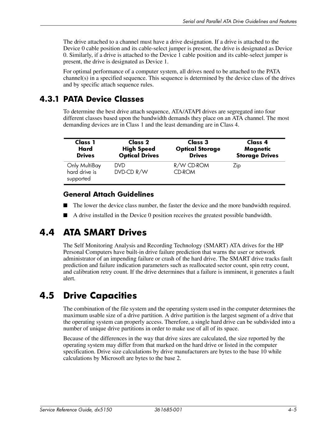 HP dx5150 manual ATA Smart Drives, Drive Capacities, Pata Device Classes, General Attach Guidelines 