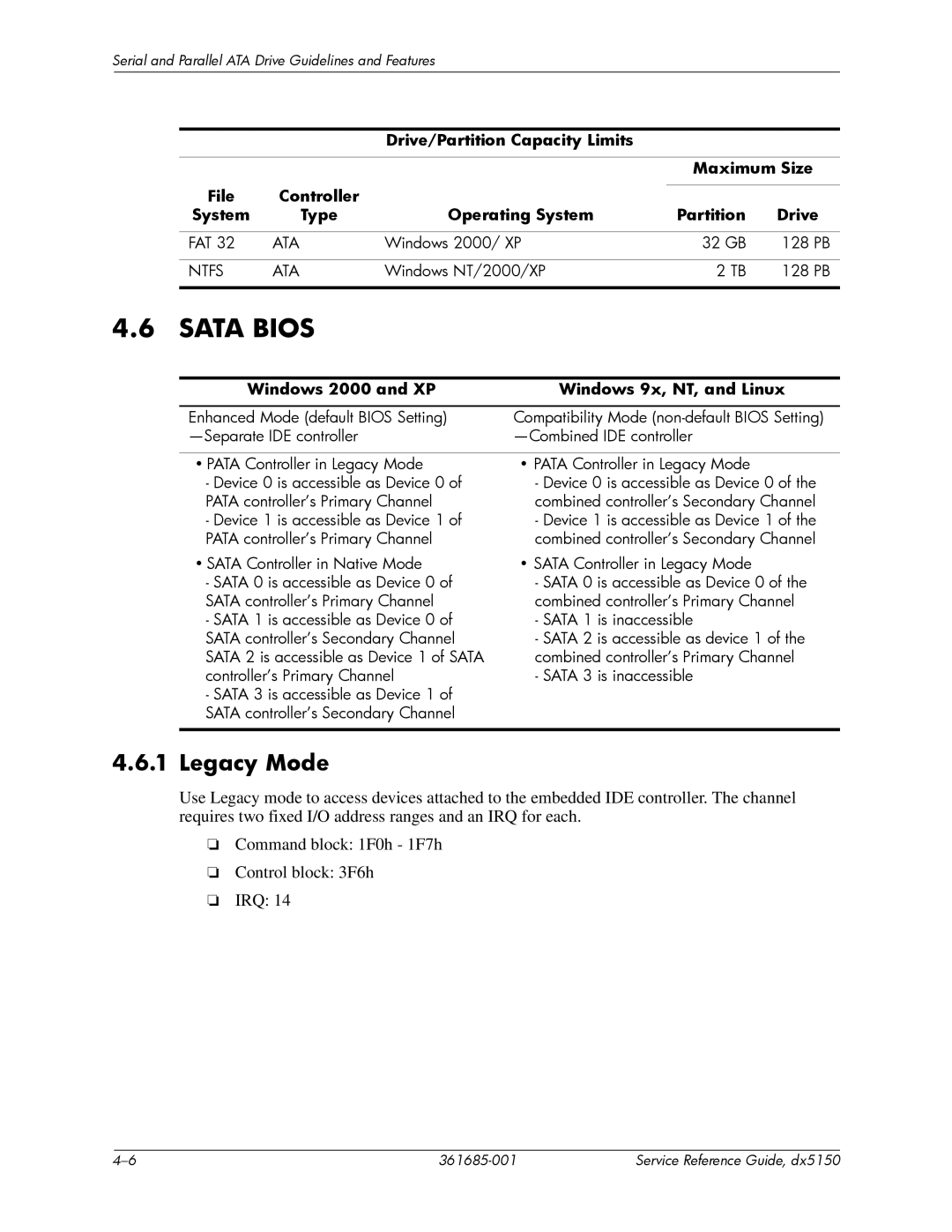 HP dx5150 manual Legacy Mode, Windows 2000 and XP Windows 9x, NT, and Linux 