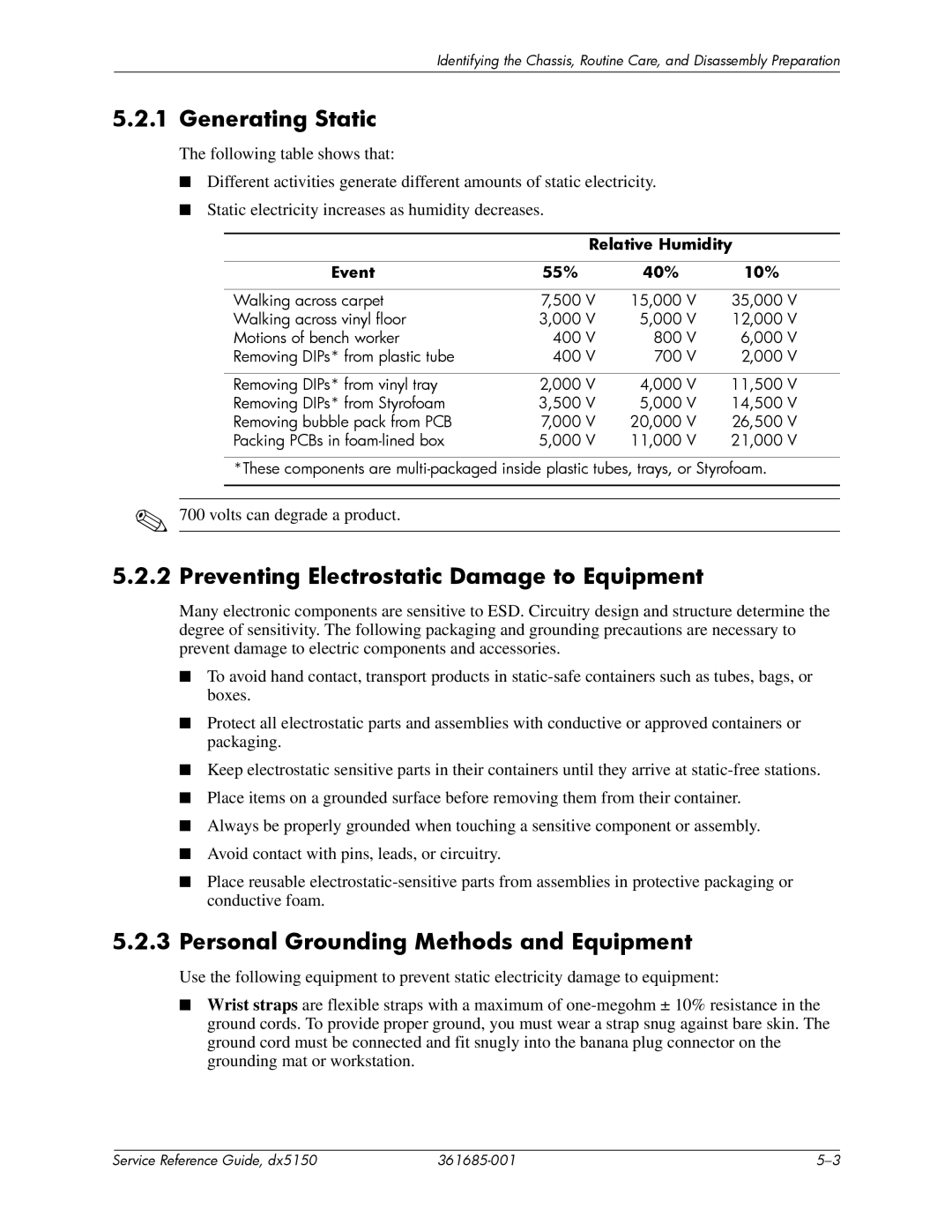 HP dx5150 manual Generating Static, Preventing Electrostatic Damage to Equipment, Personal Grounding Methods and Equipment 