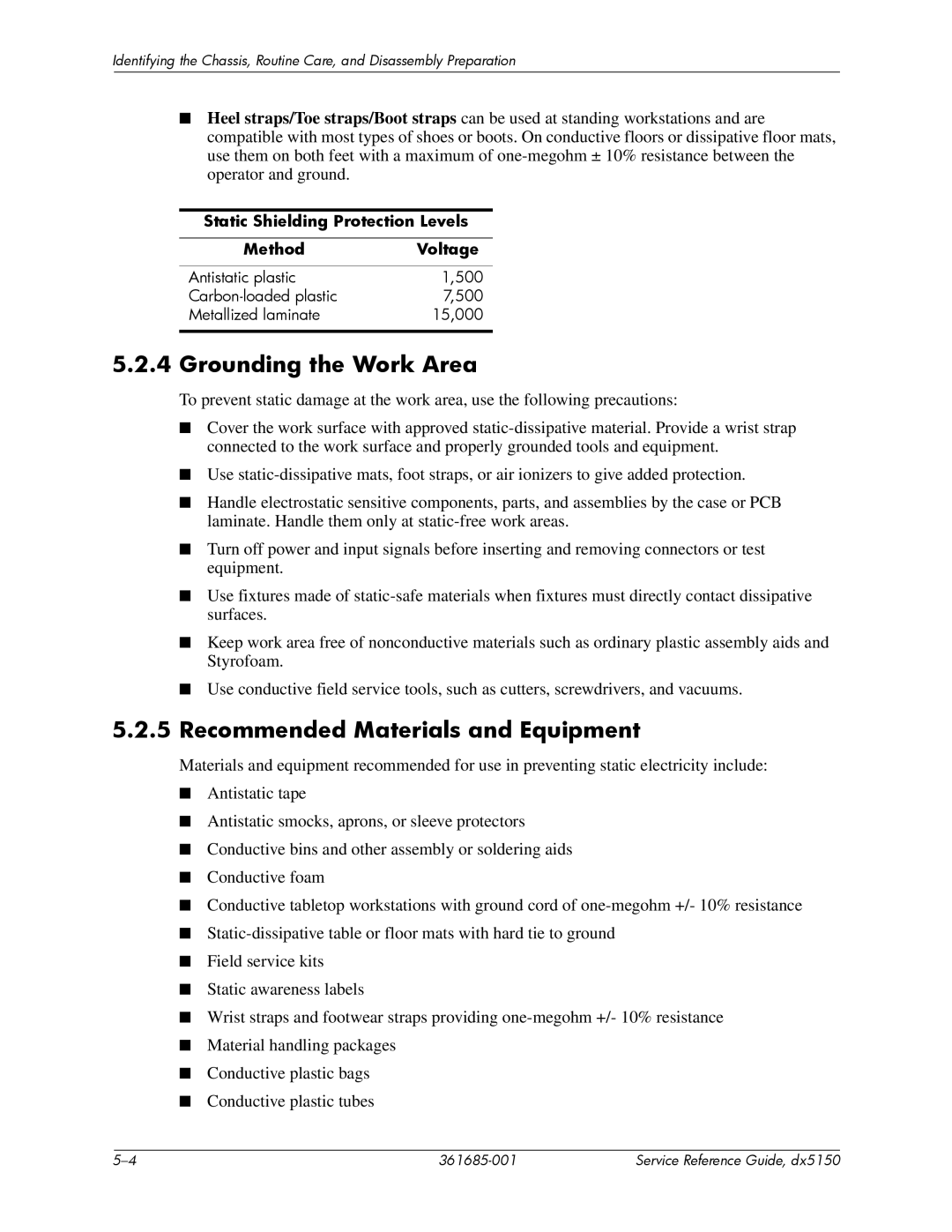 HP dx5150 Grounding the Work Area, Recommended Materials and Equipment, Static Shielding Protection Levels Method Voltage 