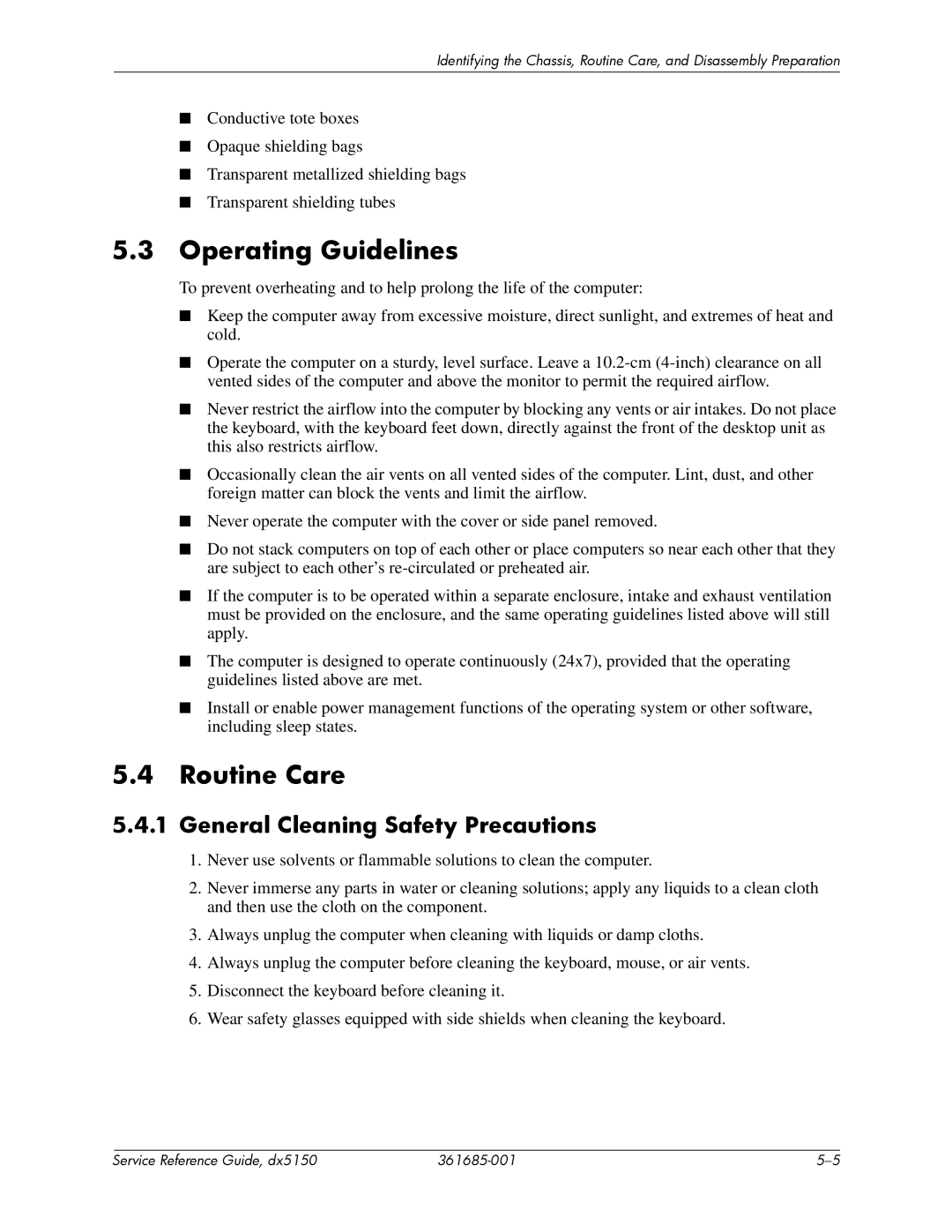 HP dx5150 manual Operating Guidelines, Routine Care, General Cleaning Safety Precautions 