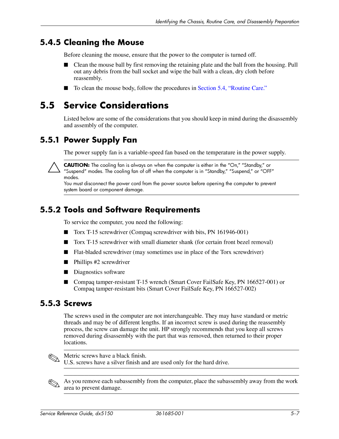 HP dx5150 manual Service Considerations, Cleaning the Mouse, Power Supply Fan, Tools and Software Requirements, Screws 