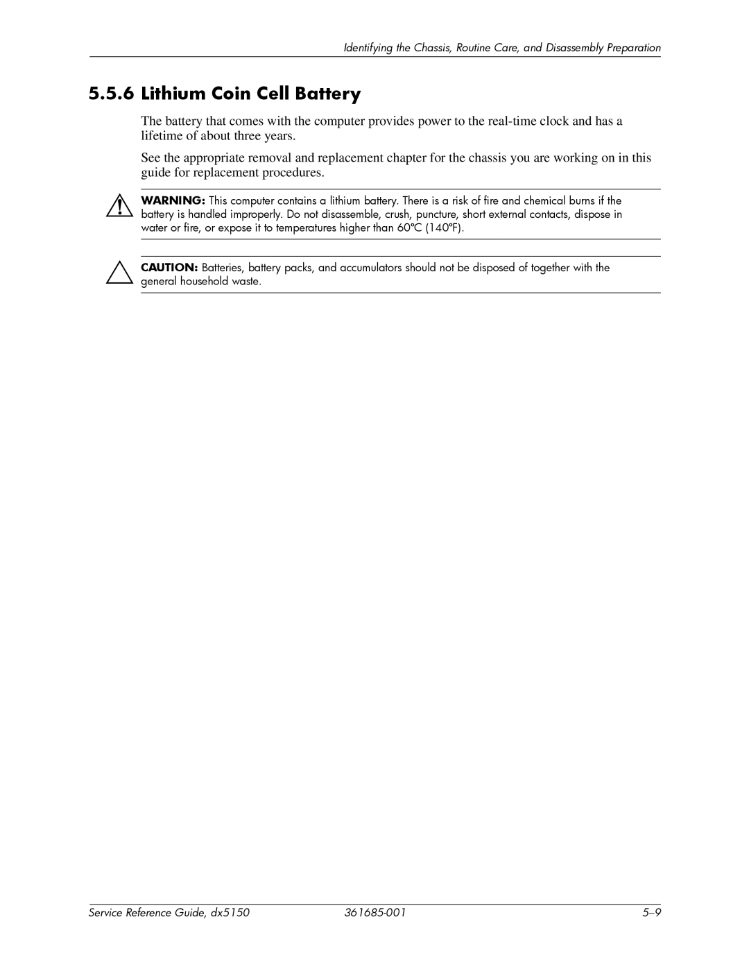 HP dx5150 manual Lithium Coin Cell Battery 