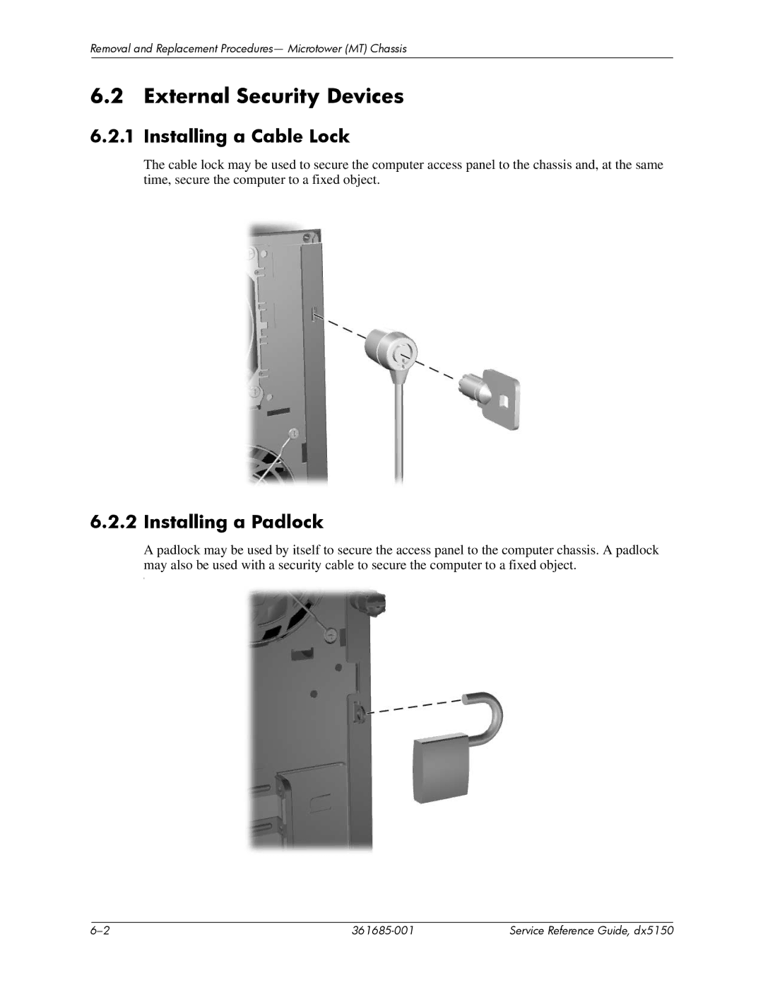 HP dx5150 manual External Security Devices, Installing a Cable Lock, Installing a Padlock 