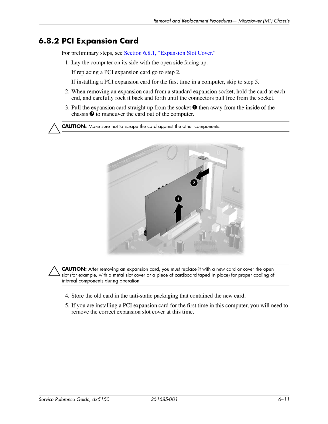 HP dx5150 manual PCI Expansion Card, For preliminary steps, see .8.1, Expansion Slot Cover 