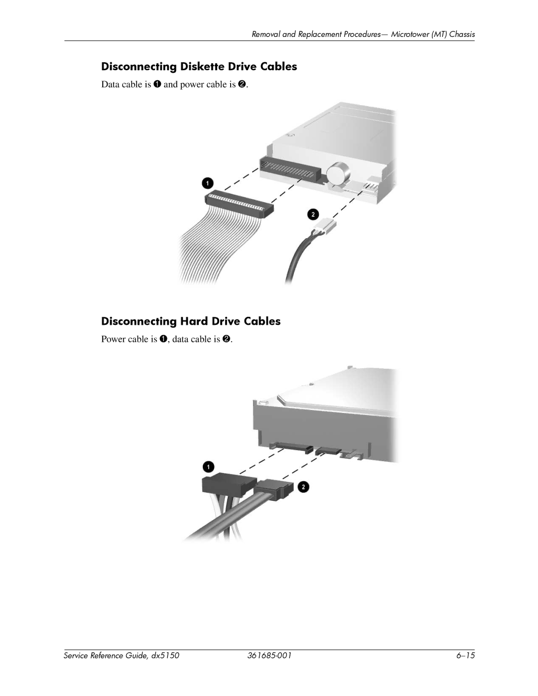 HP dx5150 manual Disconnecting Diskette Drive Cables, Disconnecting Hard Drive Cables 