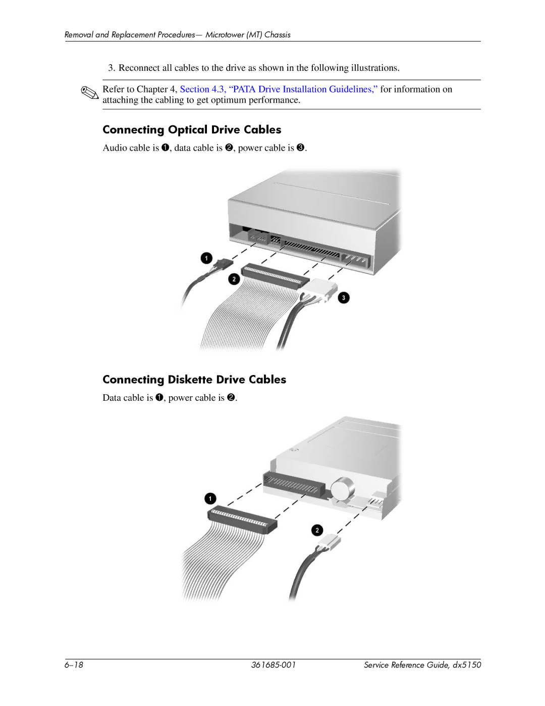 HP dx5150 manual Connecting Optical Drive Cables, Connecting Diskette Drive Cables 