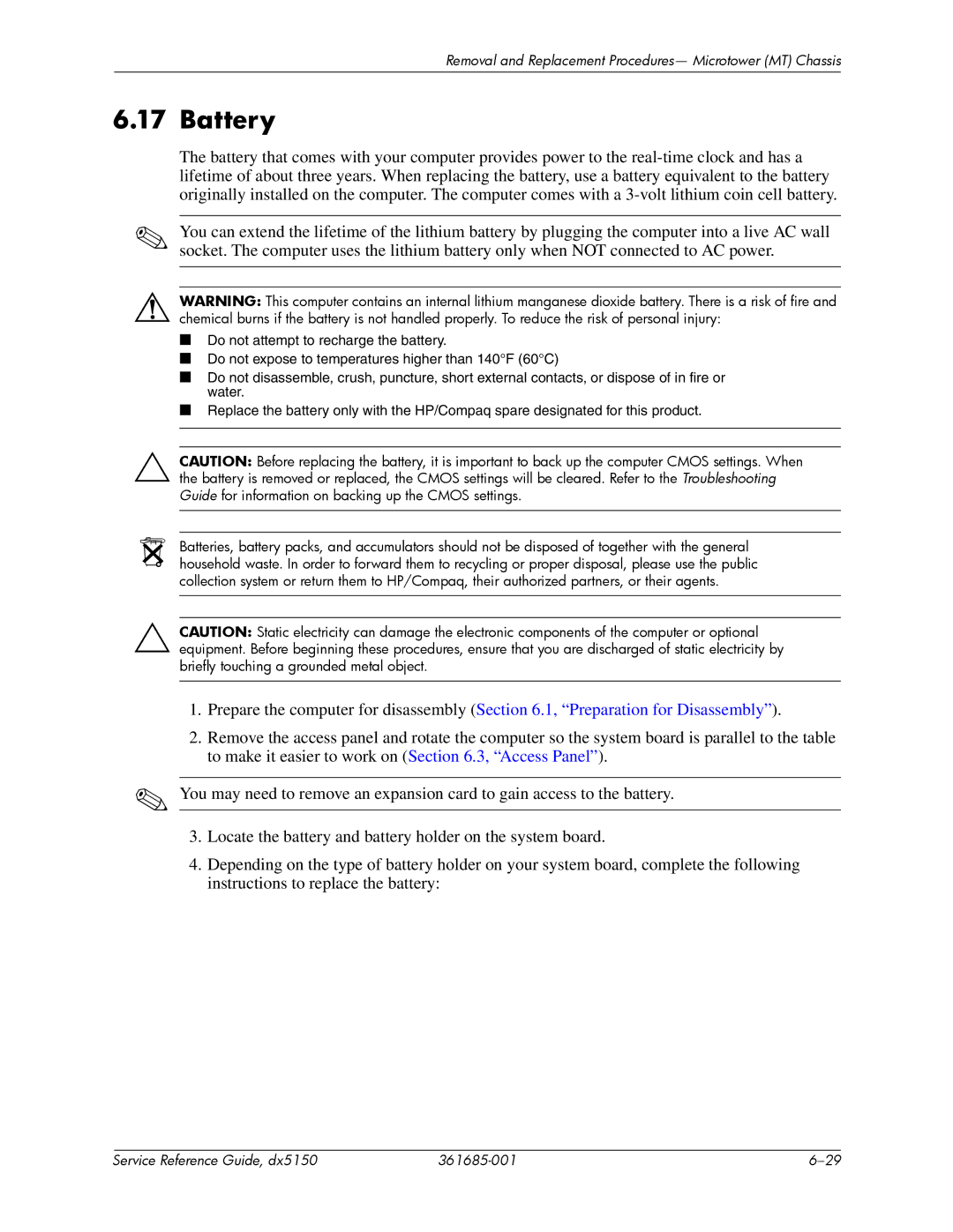 HP dx5150 manual Battery 