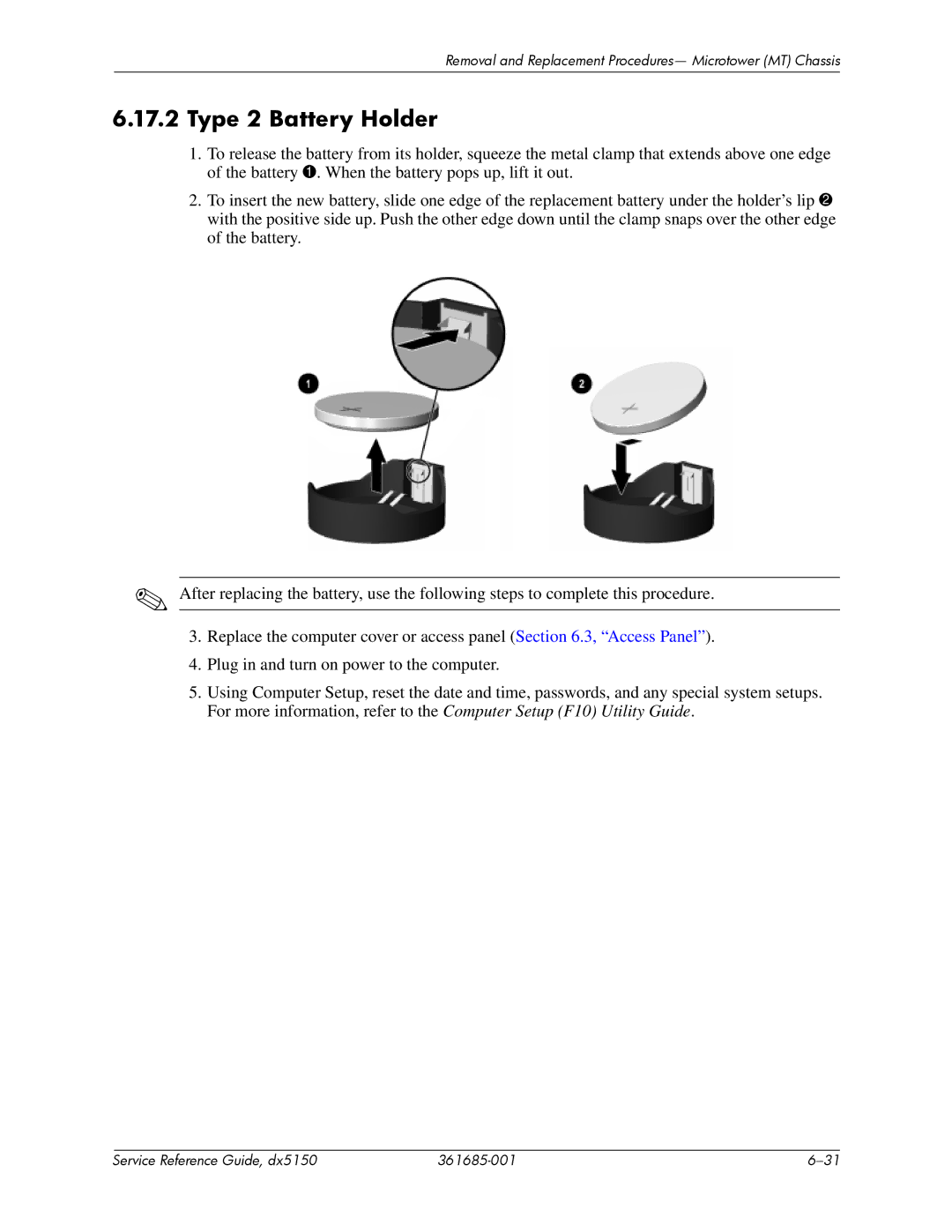 HP dx5150 manual Type 2 Battery Holder 