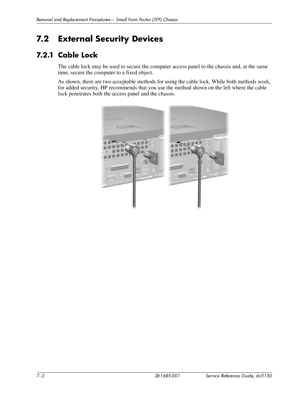 HP dx5150 manual External Security Devices, Cable Lock 