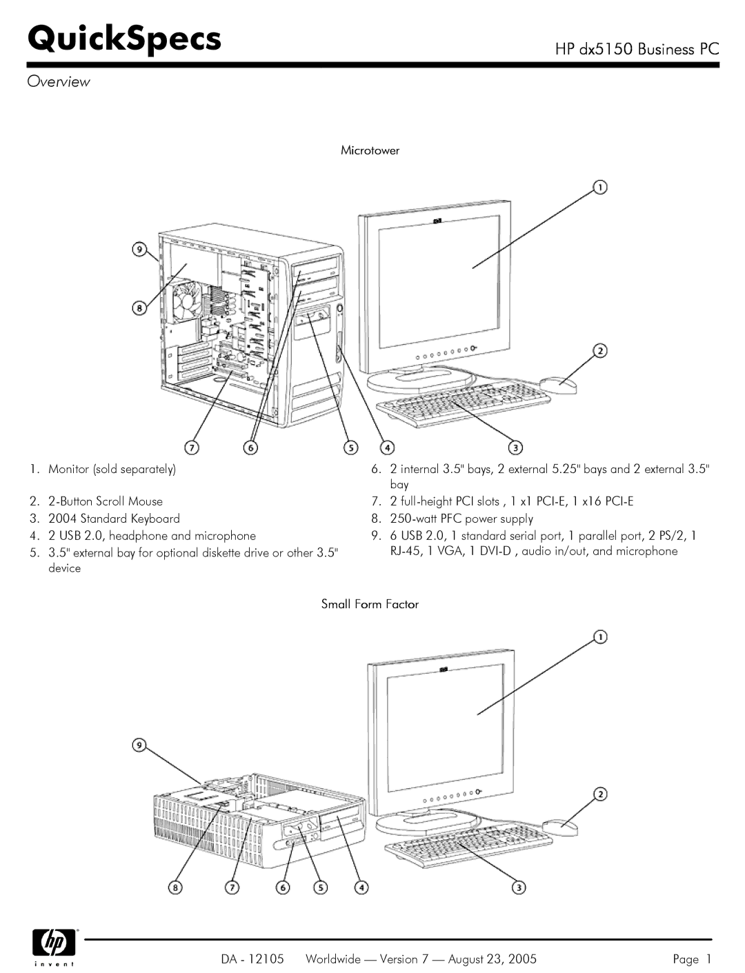 HP dx5150 manual Overview, Microtower, Small Form Factor, Worldwide Version 7 August 23 