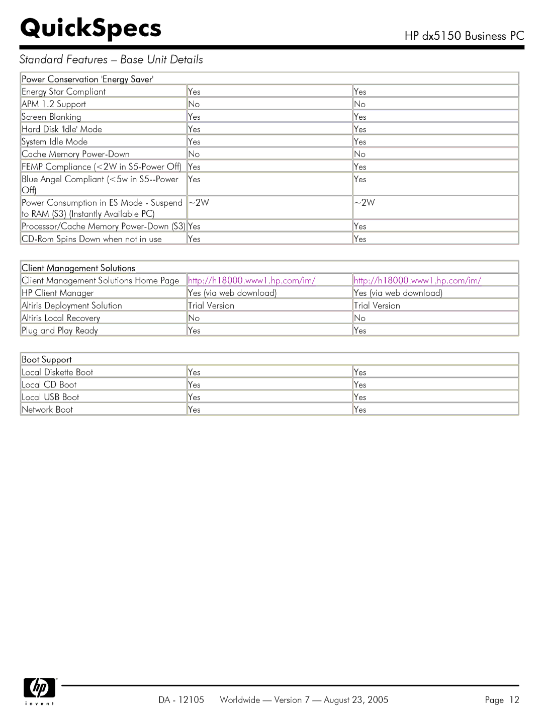 HP dx5150 manual Power Conservation Energy Saver, Client Management Solutions, Boot Support 