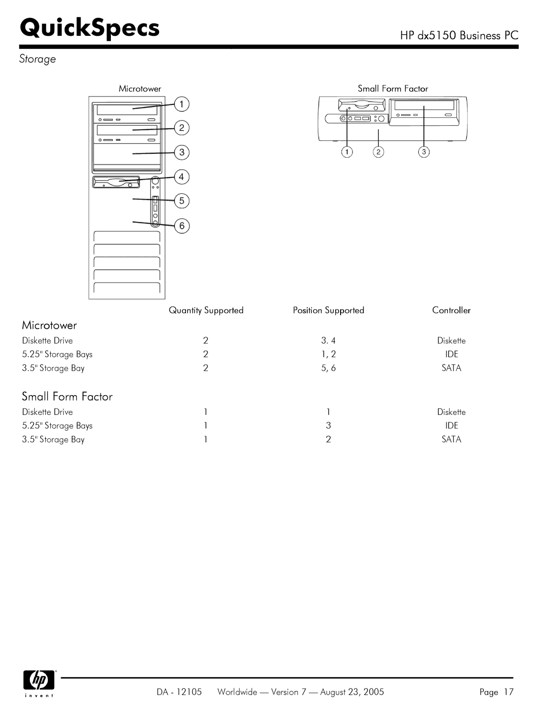 HP dx5150 manual Position Supported, Diskette Drive, Storage Bays 