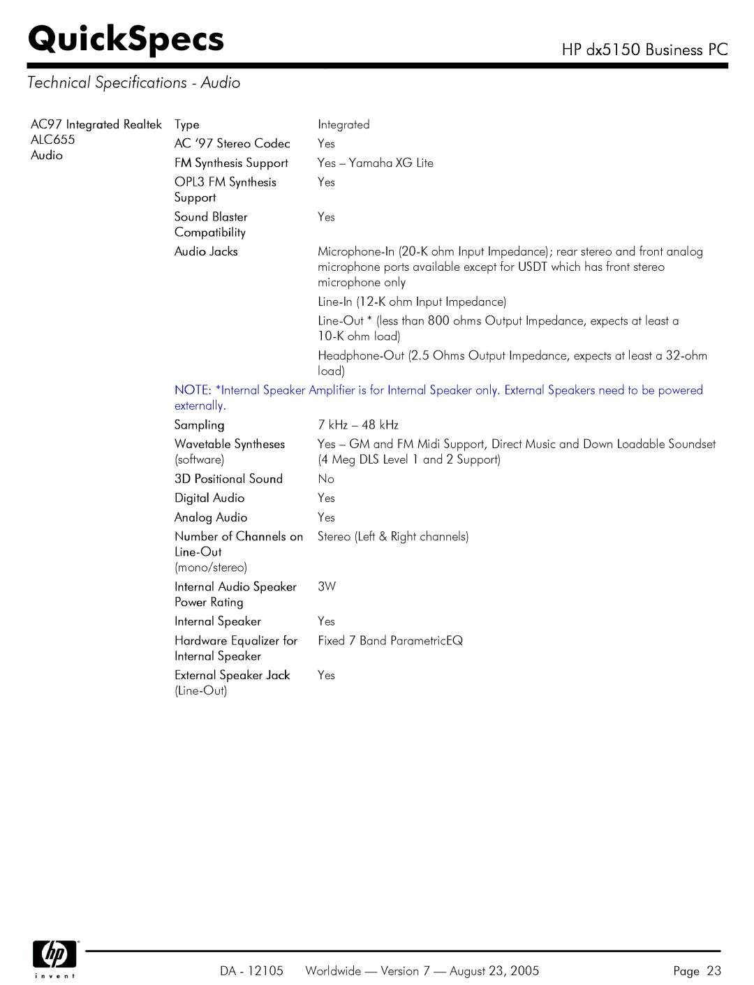 HP dx5150 manual Technical Specifications Audio 