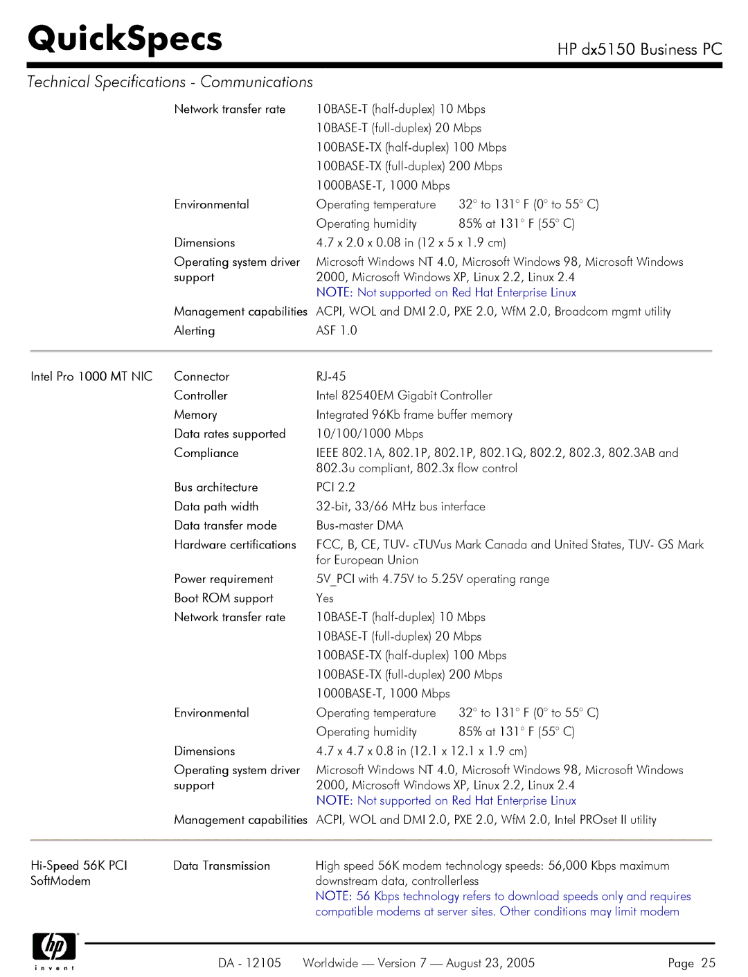 HP dx5150 manual Network transfer rate, Intel Pro 1000 MT NIC Connector, Hi-Speed 56K PCI Data Transmission, SoftModem 