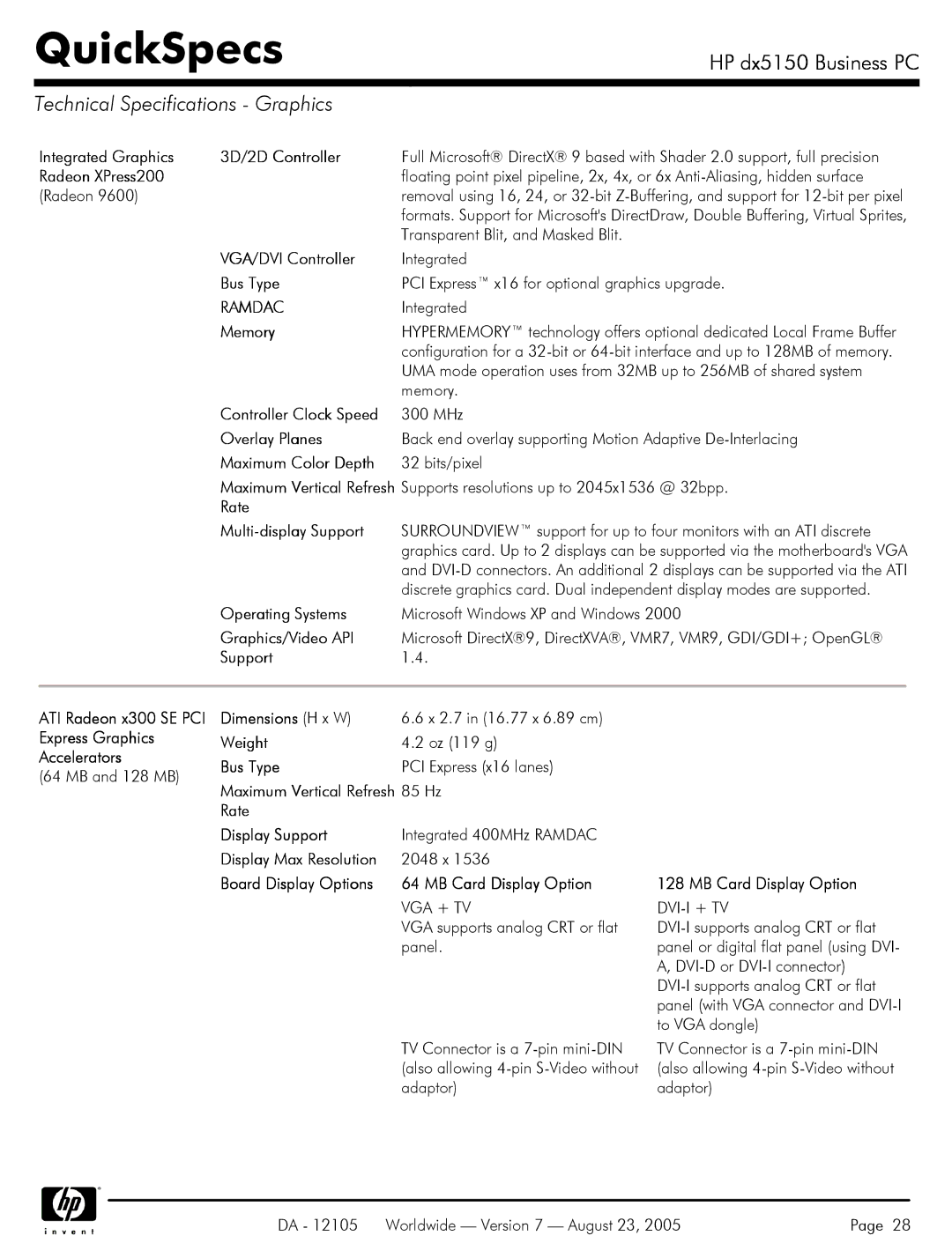 HP dx5150 manual Technical Specifications Graphics, Ramdac, Vga + Tv 