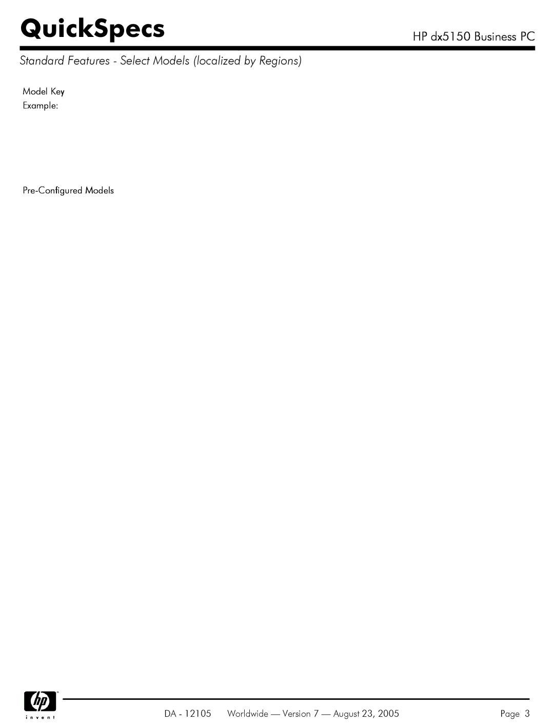 HP dx5150 manual Standard Features Select Models localized by Regions, Model Key Example Pre-Configured Models 