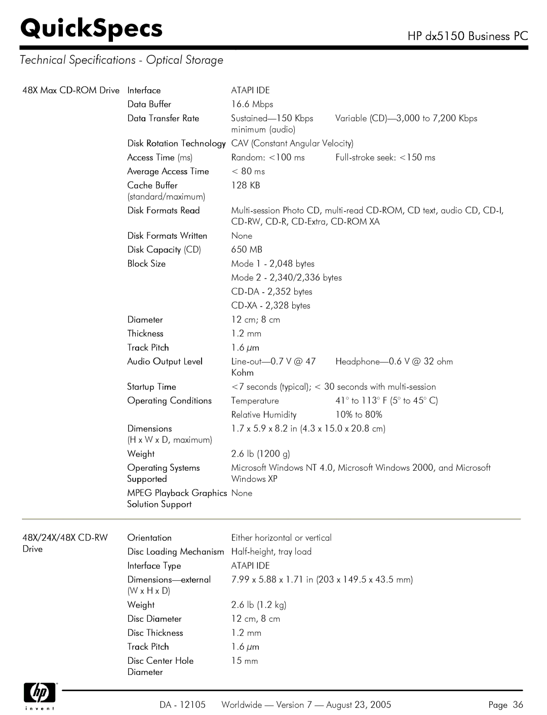 HP dx5150 manual Technical Specifications Optical Storage 