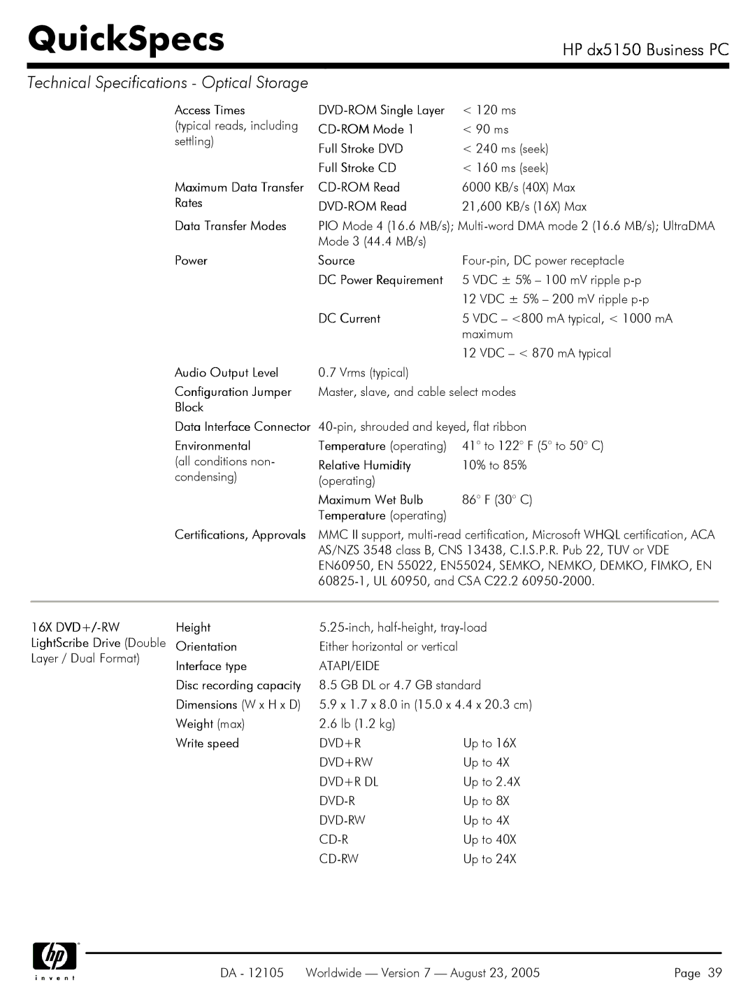 HP dx5150 manual Access Times, DC Power Requirement, 16X DVD+/-RW, Disc recording capacity, Weight max, Write speed 